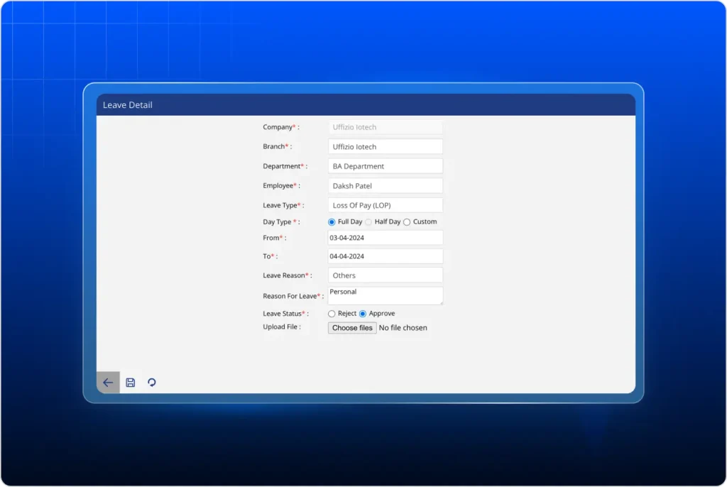 Field employee leave detail form dashboard with leave type, date selection, and approval options