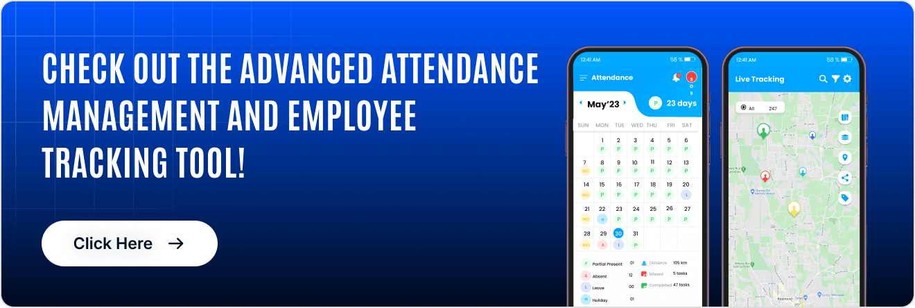 Advanced attendance management and employee tracking tool with mobile app showing a attendance calendar and live GPS tracking