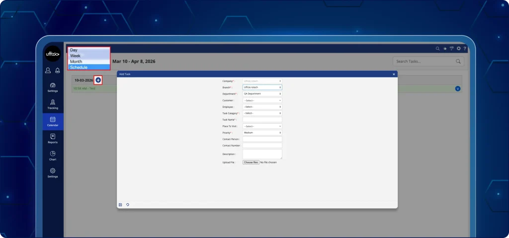 Quick task creation from calendar TaskEye dashboard showing the Add Task pop-up triggered by clicking a calendar grid cell. The date and team member fields are automatically pre-filled based on the selected time slot.