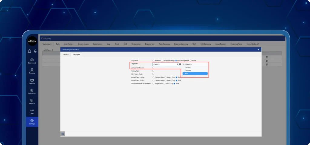 Admin biometric attendance login control A smartphone displaying the TaskEye biometric login screen with a fingerprint and Face ID icon. The dashboard shows a navigation to enable or disable biometric authentication for the organisation.