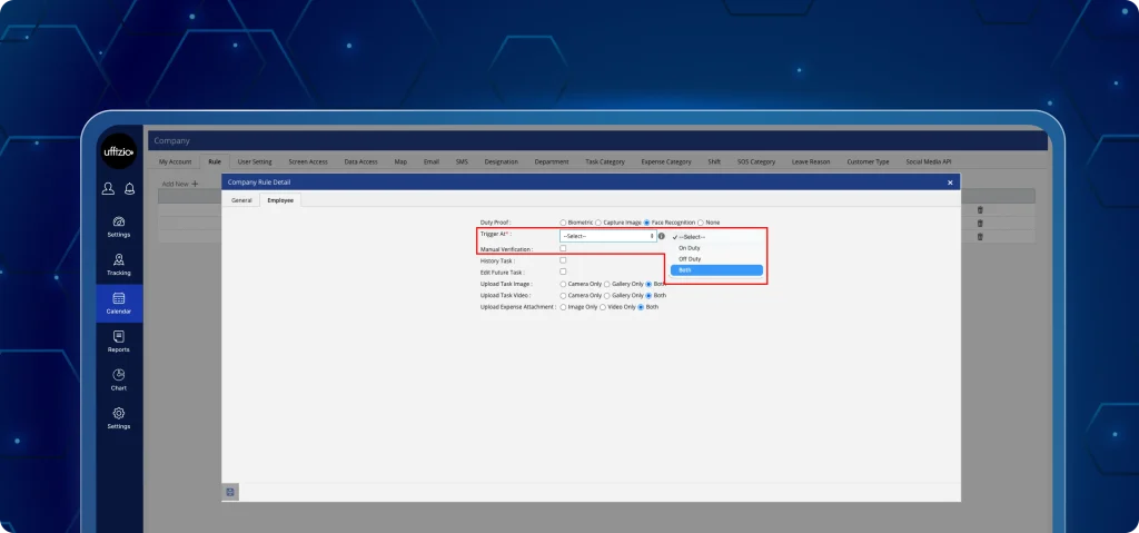 Admin biometric attendance login control A smartphone displaying the TaskEye biometric login screen with a fingerprint and Face ID icon. The dashboard shows a navigation to enable or disable biometric authentication for the organisation.