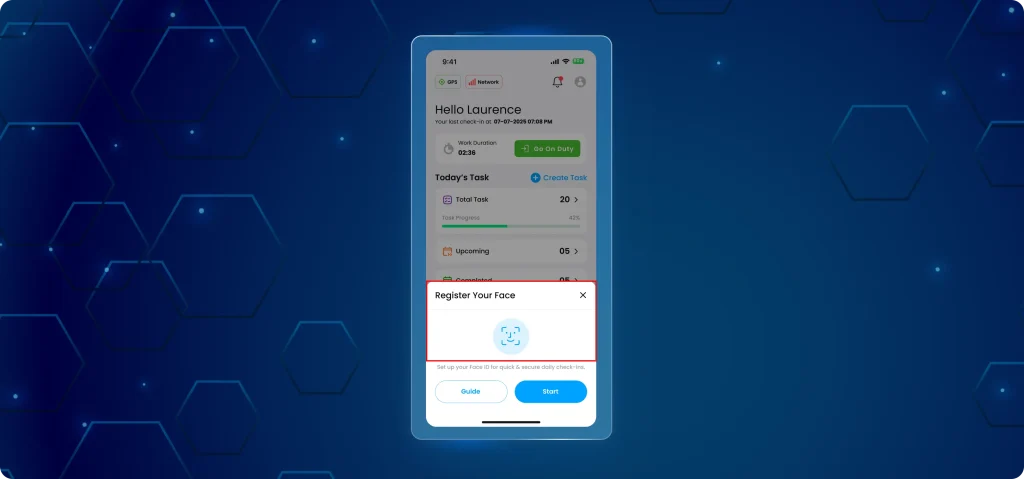 TaskEye employee app biometric login screen TaskEye Employee App mobile screen showing On Duty and Off Duty buttons with Biometric Login options for Fingerprint and Face ID authentication.
