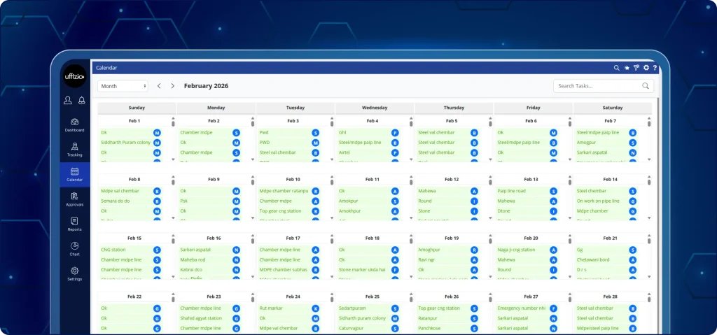 Calendar view and global search dashboard TaskEye admin dashboard showing the new interactive calendar view with color-coded tasks. Green highlights indicate completed tasks, with a global search bar and "Add Task" button visible.
