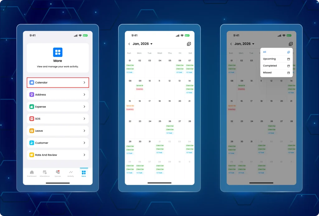 TaskEye employee app calendar view of tasks, shifts, and leaves TaskEye Mobile App interface showing the new calendar view for employees. Completed tasks are highlighted in green, with options for multi-language translation and one-tap task details.