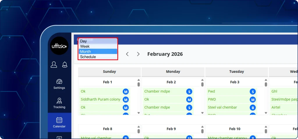 Green color-coded completed tasks overview TaskEye dashboard interface showing Day, Week, and Month calendar views where completed tasks are highlighted in a distinct green color for easy status tracking.