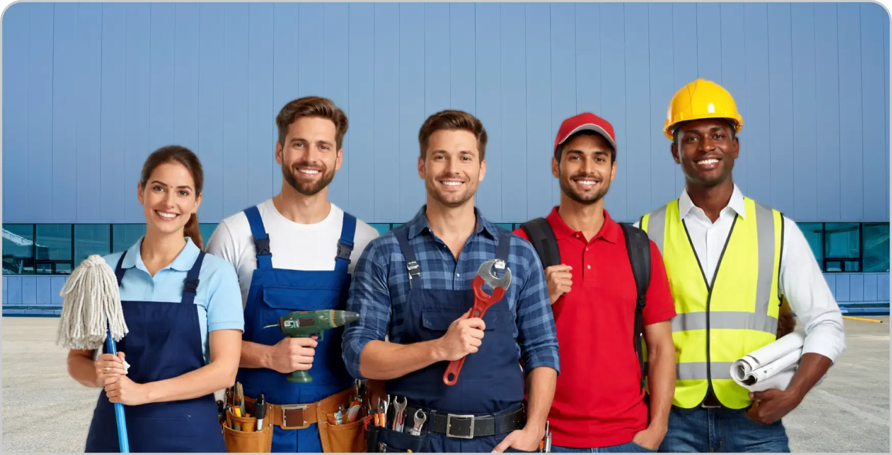 Group of diverse field workers including a cleaner, technician, mechanic, delivery worker, and construction engineer standing together with tools and uniforms.