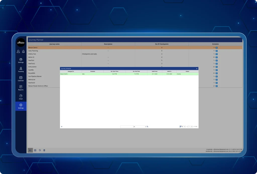 TaskEye Centralised Journey Planning Dashboard Dashboard view of the TaskEye Journey Planner showing a map with a multi-stop travel route, assigned checkpoints, and a field team movement schedule.