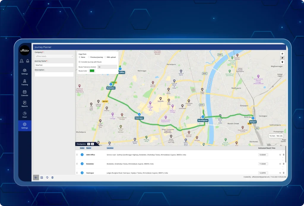 Field team journey details and checkpoint setup TaskEye Journey Planner interface showing map-based location selection, address dropdowns, and bulk KML upload options for creating multi-stop field routes.