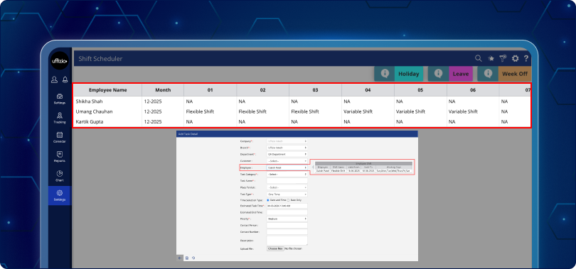 Shift scheduler dashboard for managing employee shifts leaves holidays and week offs in one view.