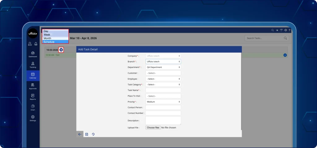 Quick task creation from calendar TaskEye dashboard showing the Add Task pop-up triggered by clicking a calendar grid cell. The date and team member fields are automatically pre-filled based on the selected time slot.