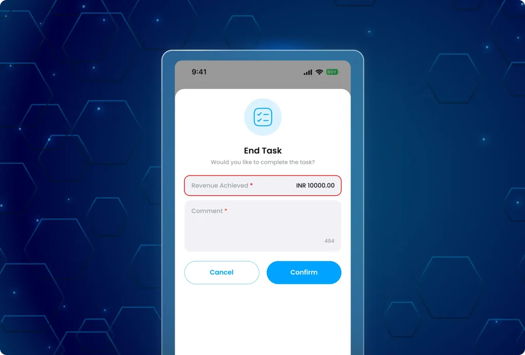 Record revenue achievements via TaskEye employee app TaskEye employee mobile app interface for recording field task achievements with revenue achieved input fields.