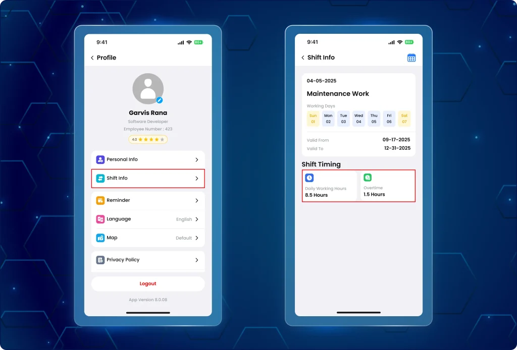 TaskEye employee app weekly shift calendar screen Weekly shift calendar in TaskEye Employee App showing working days, holidays, week offs, and approved leaves with the current date highlighted.