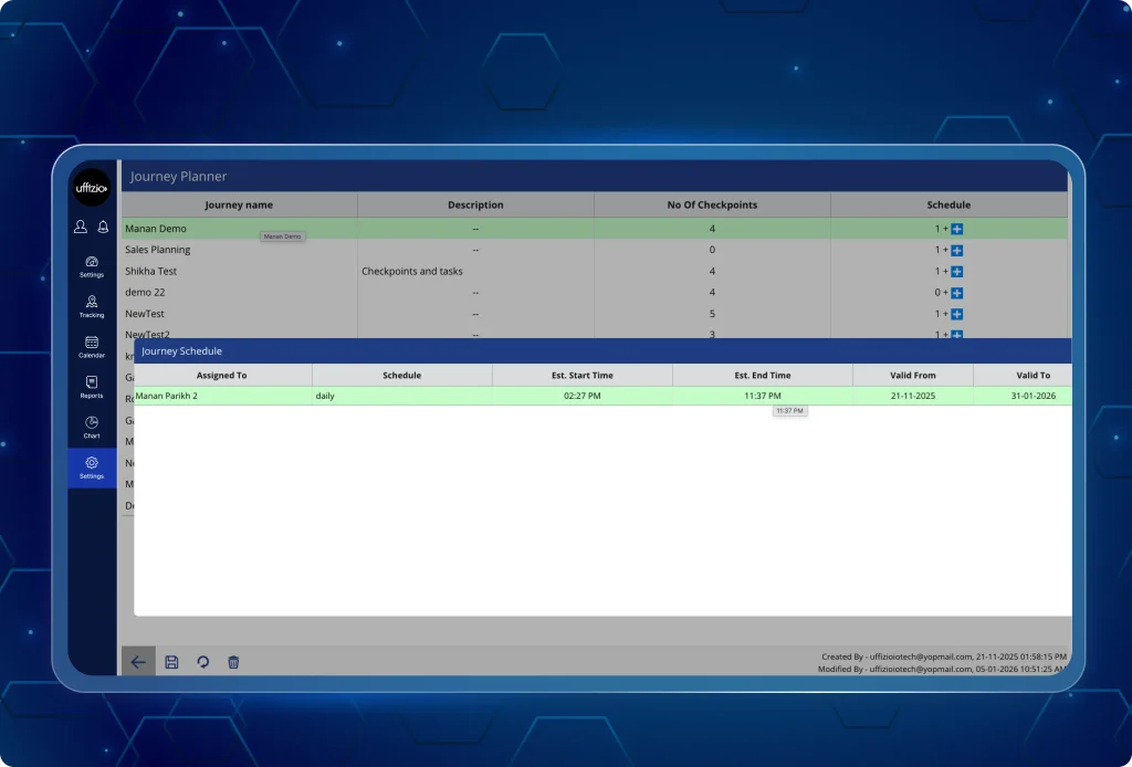 Schedule journeys with journey planner Dashboard view of the TaskEye Journey Planner showing a map with a multi-stop travel route, assigned checkpoints, and a field team movement schedule.