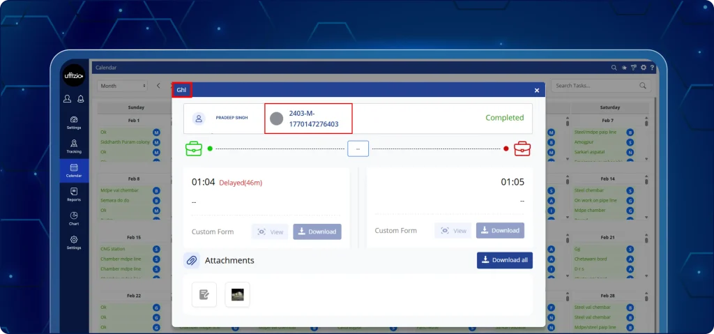 TaskEye task detail pop-up view TaskEye calendar interface showing a task status pop-up. The pop-up displays actual start and end times for completed tasks and estimated times with an edit icon for upcoming tasks.