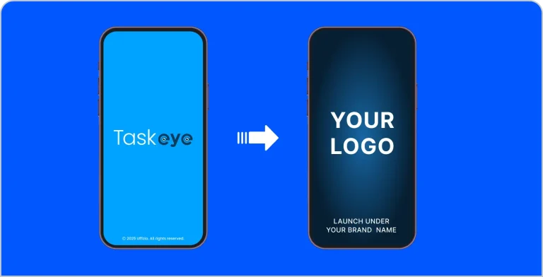 Two smartphones showing TaskEye app transforming into a customizable white-label app with ‘Your Logo’ and branding option.