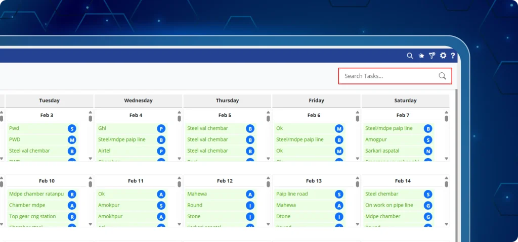 TaskEye global system-wide task search TaskEye dashboard interface featuring a global search bar at the top. A user is searching for a task by Name and ID, showing results from outside the current calendar view.