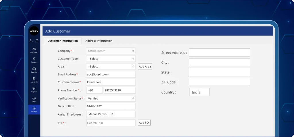 Customer address additions available in custom forms A screenshot of an "Add Customer" interface within a management software, showing two tabs: Customer Information and Address Information. The screen displays various input fields including Company (Uffizio Iotech), Customer Name (lotech.com), Email Address, and Phone Number. On the right side, there are address-specific fields for Street Address, City, State, ZIP Code, and Country (pre-filled as India).