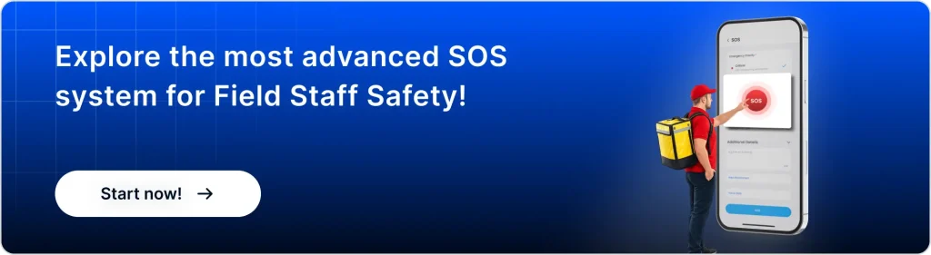 Delivery worker using mobile SOS safety app with emergency button for real-time field staff protection.