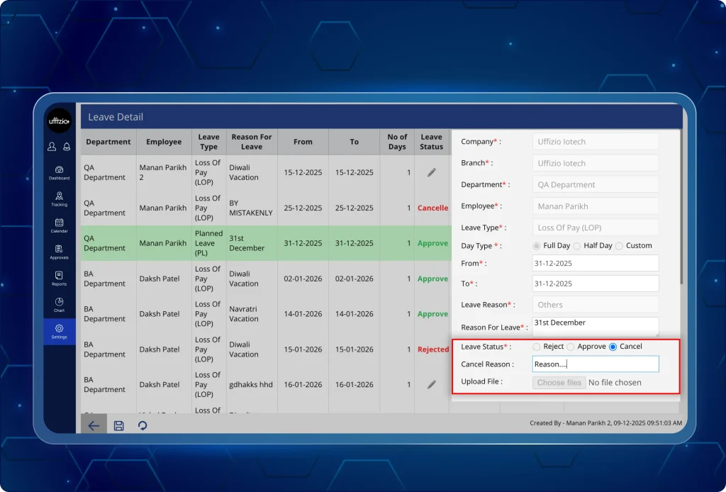 Cancel future approved leaves of your field team members A screenshot of a "Leave Detail" management interface displaying a table of employee leave requests. A red box highlights a section of a pop-up form on the right where the Leave Status radio button is set to Cancel. This section also includes a text field for Cancel Reason and an option to Upload File. The background table shows columns for Department, Employee, Leave Type, and Status, with various entries marked as Approved, Rejected, or Cancelled.