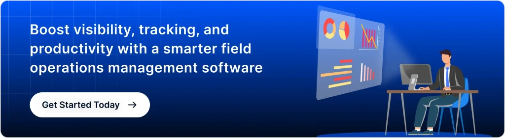 Call-to-action banner for field operations management software, featuring an illustration of a professional analyzing data dashboards. The text reads: 'Boost visibility, tracking, and productivity with a smarter field operations management software,' with a button to 'Get Started Today.