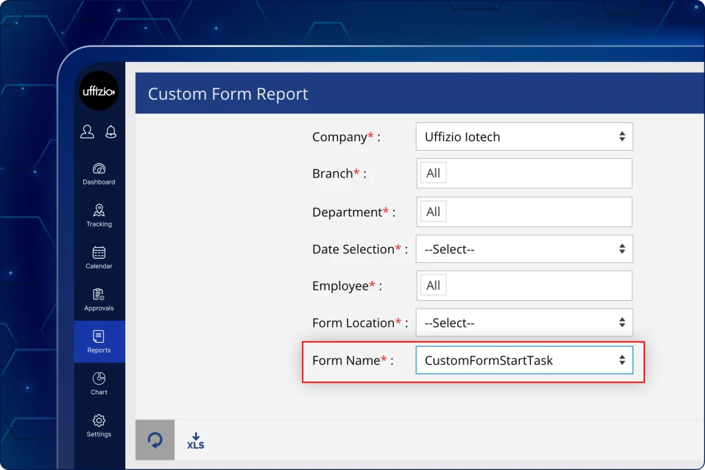 Download custom form reports with task name, task ID, and location A screenshot of a "Custom Form Report" interface within a management software. A red box highlights the "Form Name" dropdown field, which is set to "CustomFormStartTask". The form includes other selection fields for Company (Uffizio Iotech), Branch, Department, Date Selection, Employee, and Form Location. On the left, a sidebar navigation menu shows icons for Dashboard, Tracking, Calendar, Approvals, Reports, Chart, and Settings. At the bottom, there are buttons for refreshing and downloading the report as an XLS file.