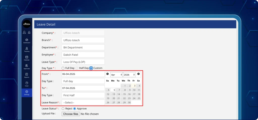 Customise employee's half day and consecutive leaves A screenshot of a "Leave Detail" form in a management application, showing options for customizing employee leave. A red box highlights the date selection and day-type configuration area. Within this box, the Day Type is set to Custom, allowing specific settings for different dates: the "From" date is set to Full day and the "To" date is set to First Half. A calendar widget for April 2026 is visible to the right of these fields. The form also includes employee details for "Daksh Patel" and options to Reject or Approve the leave status at the bottom.