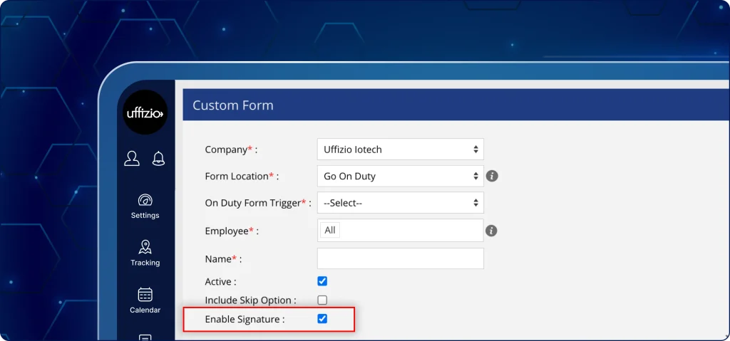 Custom form employee signatures configuration A screenshot of a "Custom Form" configuration screen in a management software. A red box highlights the "Enable Signature" option, which is checked.