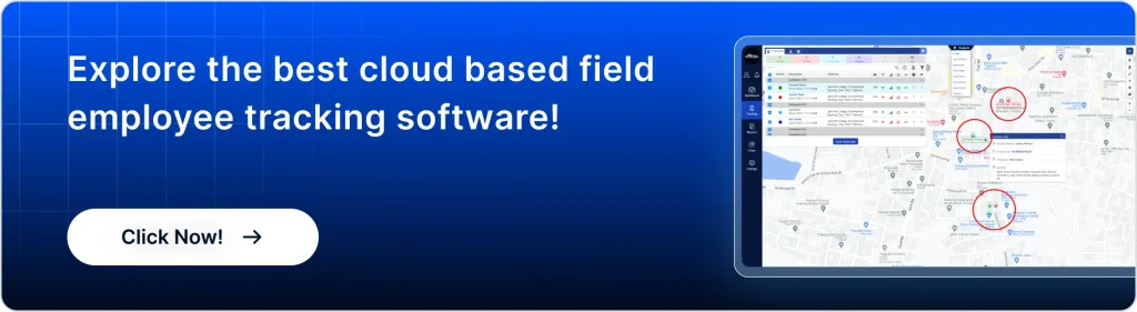 Dashboard of cloud-based field employee tracking software displaying employee locations and activity on a digital map interface