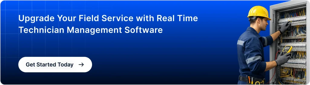 A horizontal banner on a blue gradient background featuring a technician in a yellow hard hat and work gloves inspecting an open electrical panel with complex wiring. To the left, white text reads, "Upgrade Your Field Service with Real Time Technician Management Software," positioned above a white "Get Started Today" button with a right-pointing arrow.