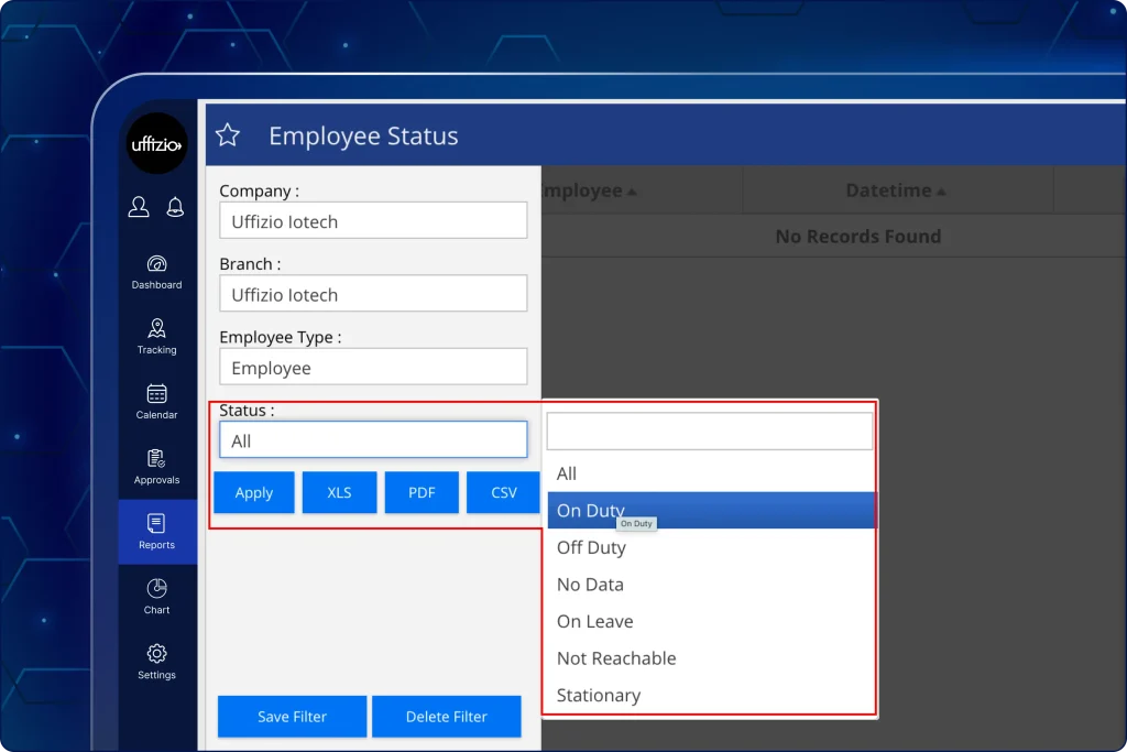 Download employee activity status reports A screenshot of the Employee Status report interface within a management software. A red box highlights the Status dropdown menu, which is open and shows several options: All, On Duty, Off Duty, No Data, On Leave, Not Reachable, and Stationary. Above this, other report filters include Company (Uffizio Iotech), Branch, and Employee Type. Below the status field, there are buttons to Apply the filter or export the report as XLS, PDF, or CSV. The sidebar on the left displays navigation icons for Dashboard, Tracking, Calendar, Approvals, Reports, Chart, and Settings.
