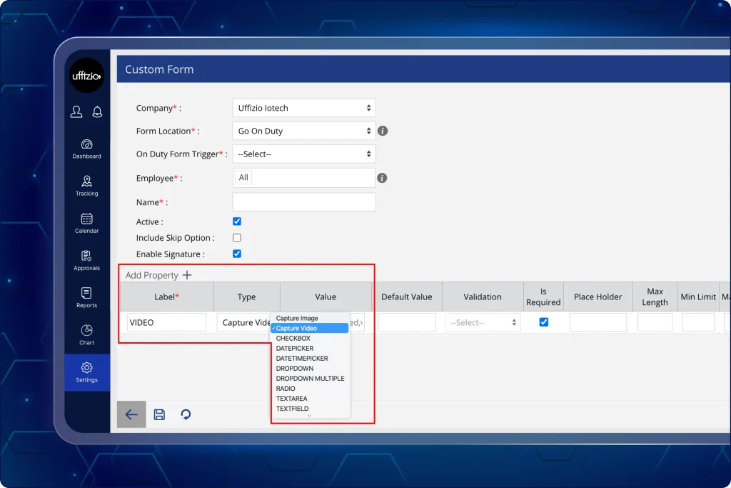 Add video attachments in custom forms A screenshot of a "Custom Form" builder interface in a management application. A large red box highlights the "Add Property" section, where a dropdown menu for property "Type" is open. The menu shows options including Capture Image, Capture Video, CHECKBOX, DATEPICKER, DATETIMEPICKER, DROPDOWN, RADIO, and TEXTFIELD. Currently, the "Label" is set to "VIDEO" with the type "Capture Video" selected.