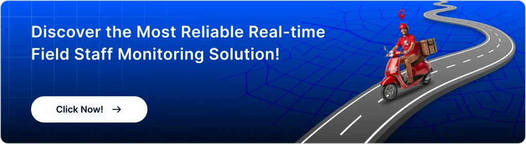 Delivery rider on a scooter navigating a digital mapped route with location pin, promoting a real-time field staff tracking and monitoring system.