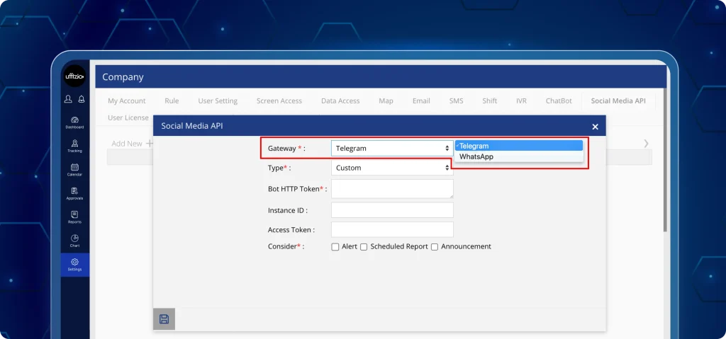 WhatsApp or Telegram API integration A screenshot of a "Social Media API" configuration pop-up window within a company management software. A red box highlights the "Gateway" dropdown menu, which is open and shows two options: Telegram and WhatsApp. Below the gateway selection are fields for Type, Bot HTTP Token, Instance ID, and Access Token. At the bottom, a "Consider" section includes checkboxes for Alert, Scheduled Report, and Announcement. The background shows the main application interface with a navigation sidebar and various setting tabs like Email, SMS, and ChatBot.