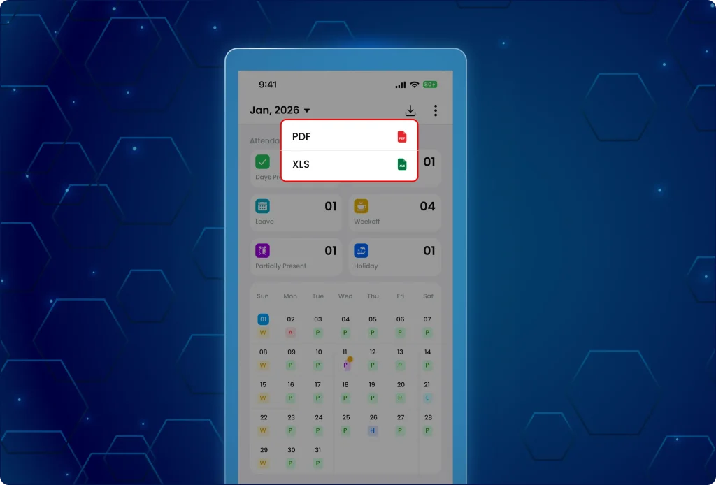 TaskEye employee app screen allowing employees to download attendance and task history reports directly from the attendance and calendar sections.