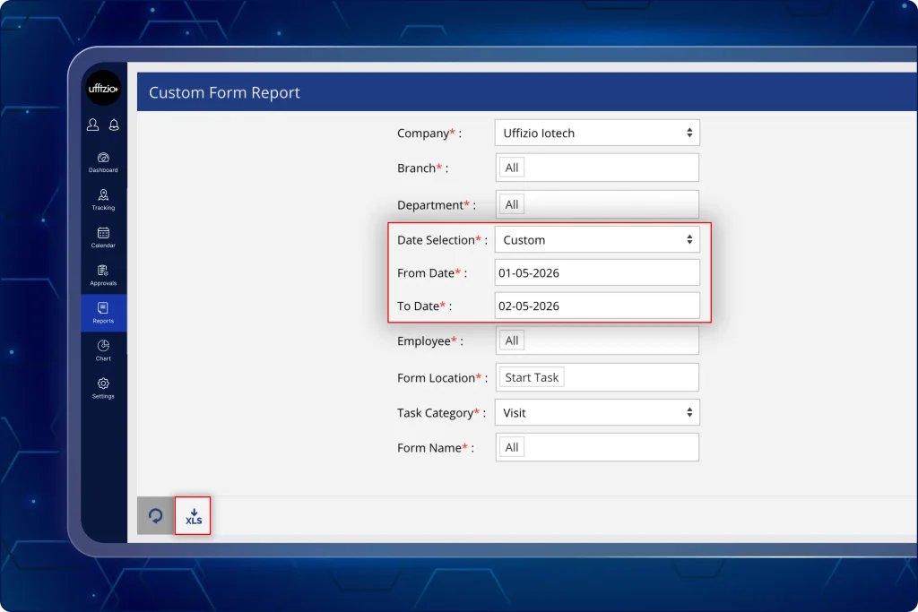 TaskEye web dashboard displaying custom form reports with a 3-month date range selection and detailed visit-level data.