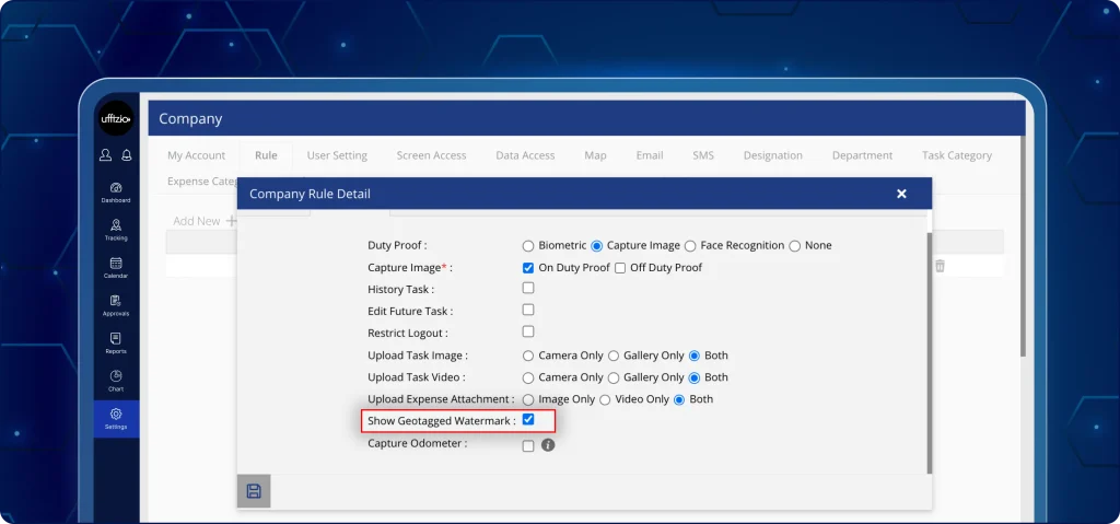 TaskEye dashboard configuration screen allowing admins to turn on or off watermark for location and timestamp on field-captured photos and videos.