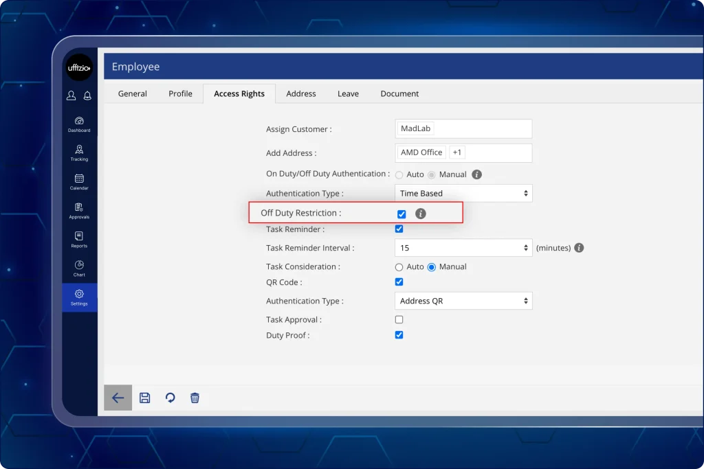 Manager enabling restricted logout setting in the TaskEye web app to prevent employees from logging out during working hours.