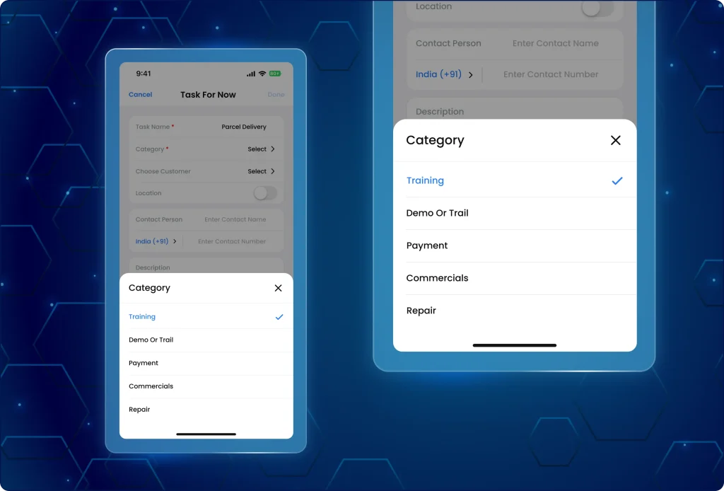 TaskEye employee app task creation screen displaying only active task categories in the dropdown while creating a new task.