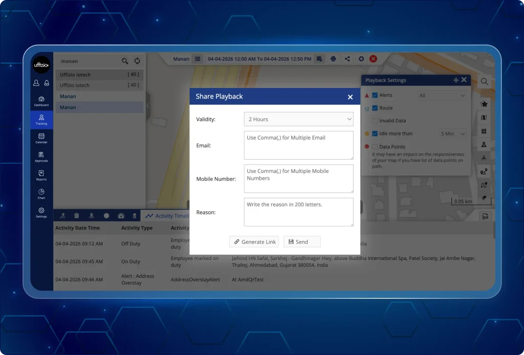 TaskEye web app screen allowing managers to generate and share time-bound external links for employee attendance, tasks, and travel details.