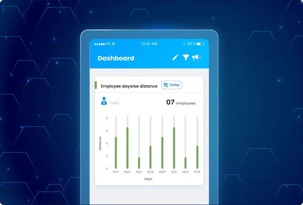 TaskEye manager mobile app displaying unreachable event logs and day-wise employee distance tracking report.
