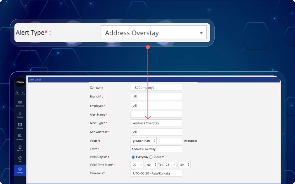 Alert for Employee Overstaying at Unknown Location Alert configuration screen displaying Address Overstay alert type to notify managers when employees remain at an unknown location beyond a defined duration.
