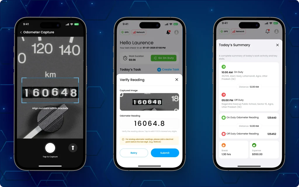 OCR-based Odometer distance travelled captures Three mobile application screens displaying the step-by-step process of capturing a vehicle's odometer image, verifying the OCR-read numbers with an analog decimal reminder, and viewing the final daily activity summary.