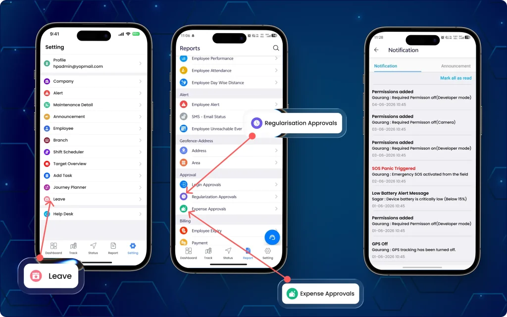 Activity and approvals management via Manager mobile app Three mobile screens displaying app settings, reporting modules like regularization and expense approvals, and a detailed notification log.