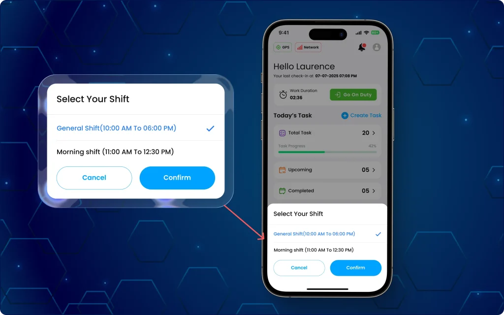 Shift Selection on Employee App A mobile app dashboard displaying a "Select Your Shift" pop-up window with options for General Shift and Morning shift.