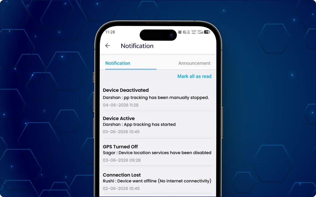 GPS and Internet Off Alerts in Manager App Manager mobile application displaying notifications for GPS disabled, internet disconnection, device activation, and tracking status changes.