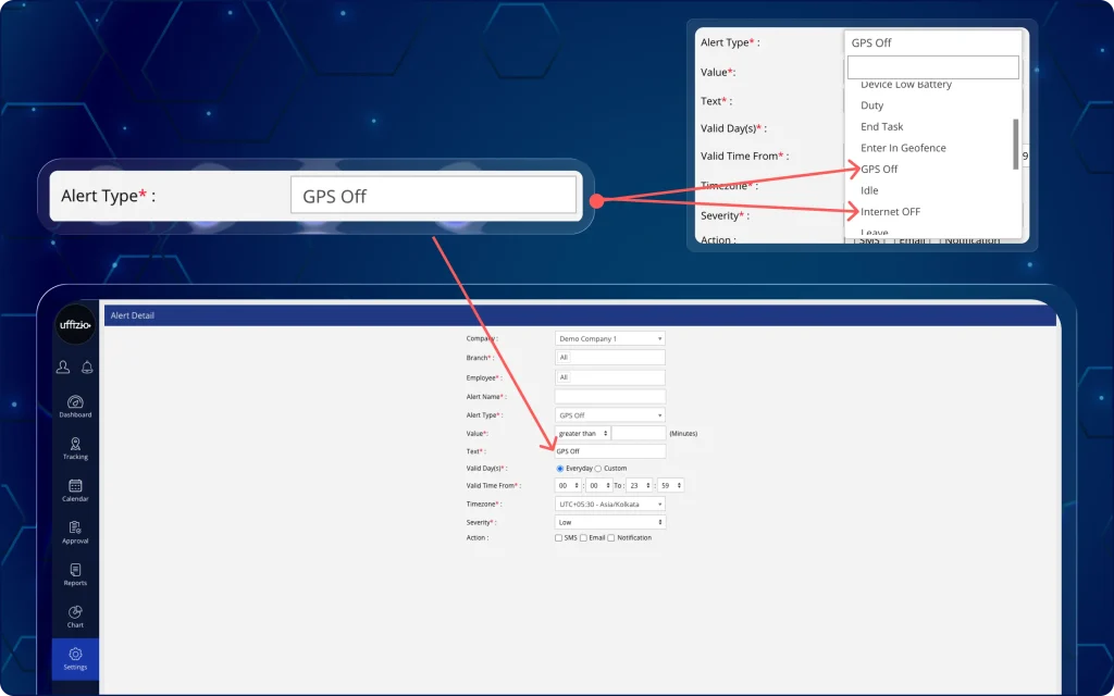 GPS & Internet Off Alert Configurations Web dashboard showing the configuration panel for alert details with a dropdown menu highlighting the "GPS Off" alert type selection.