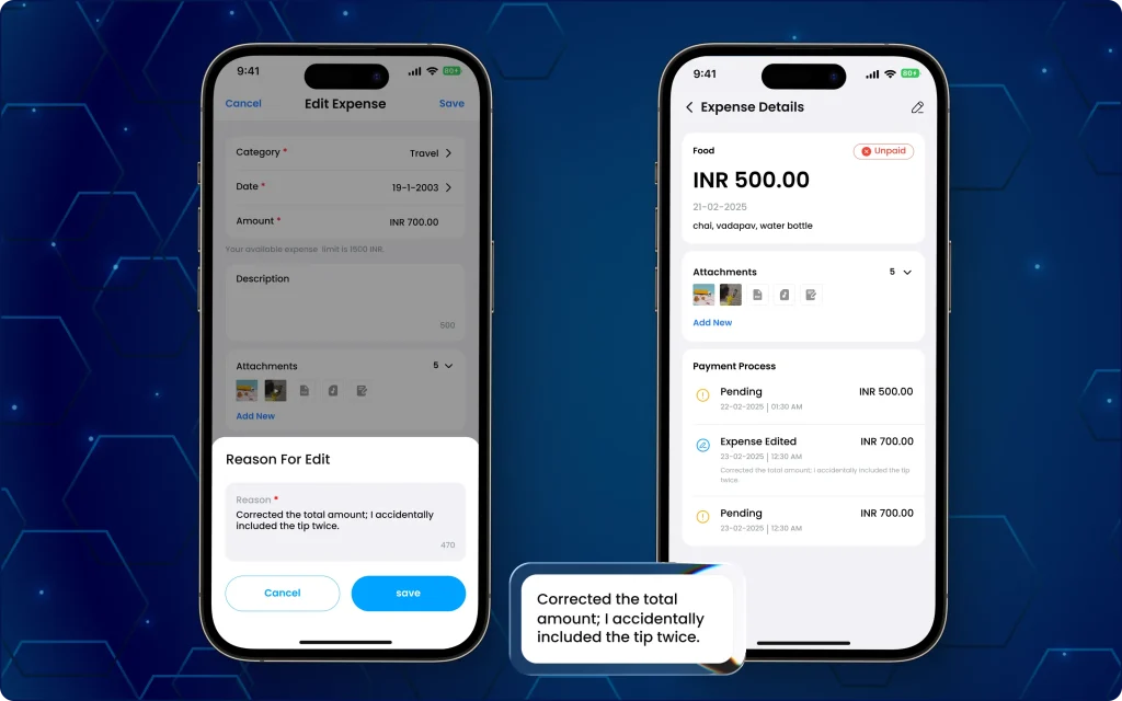 Two smartphone views showing the expense editing interface, featuring an input field for reasons and a complete payment history breakdown.