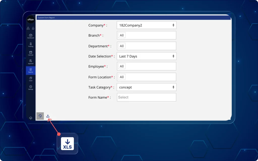 Multiple Custom Form Files Download in a Single Excel Sheet Custom form report screen showing filters and option to download multiple custom form submissions into a single Excel file.