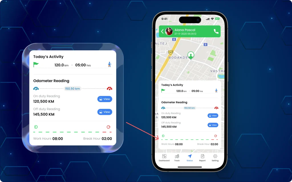 OCR-based Odometer distance travelled tracking View and monitor distance travelled by employees with odometer readings and distance data on the Manager Mobile App.