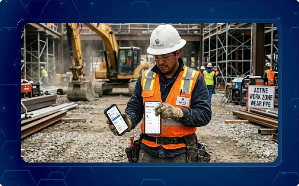 Ongoing task continuation without data loss after logout A construction site worker wearing safety gear, a hard hat, and an orange high-visibility vest, holding two smartphones in which one mobile is going to turn off displaying workforce management dashboard applications with project machinery operating in the background.